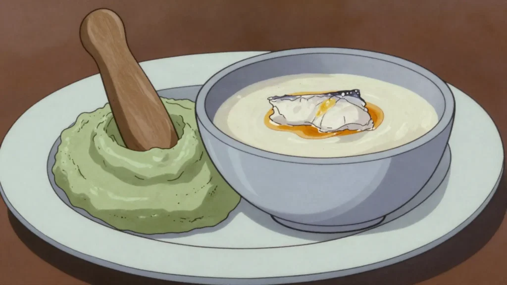 Machuca, garifuna mashed plantains with coconut fish soup, Honduras main, anime style