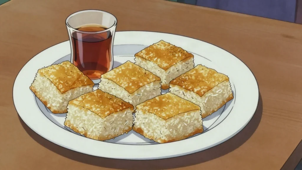 Macsharo, ground rice and coconut batter baked into a soft sweet cake, Somalia bread & pastry, anime style
