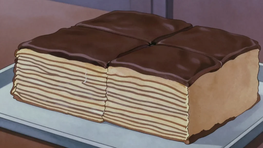 Madarica, many thin pastry sheets layered with dark chocolate cream, glazed on top, Croatia dessert, anime style