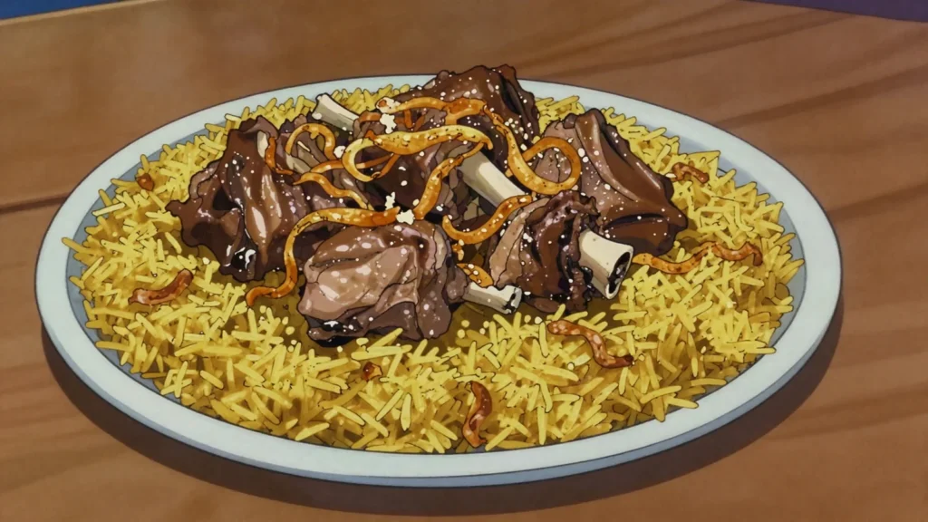 Madfoon, meat and rice buried in an underground oven and cooked overnight in the sand, Saudi Arabia main, anime style