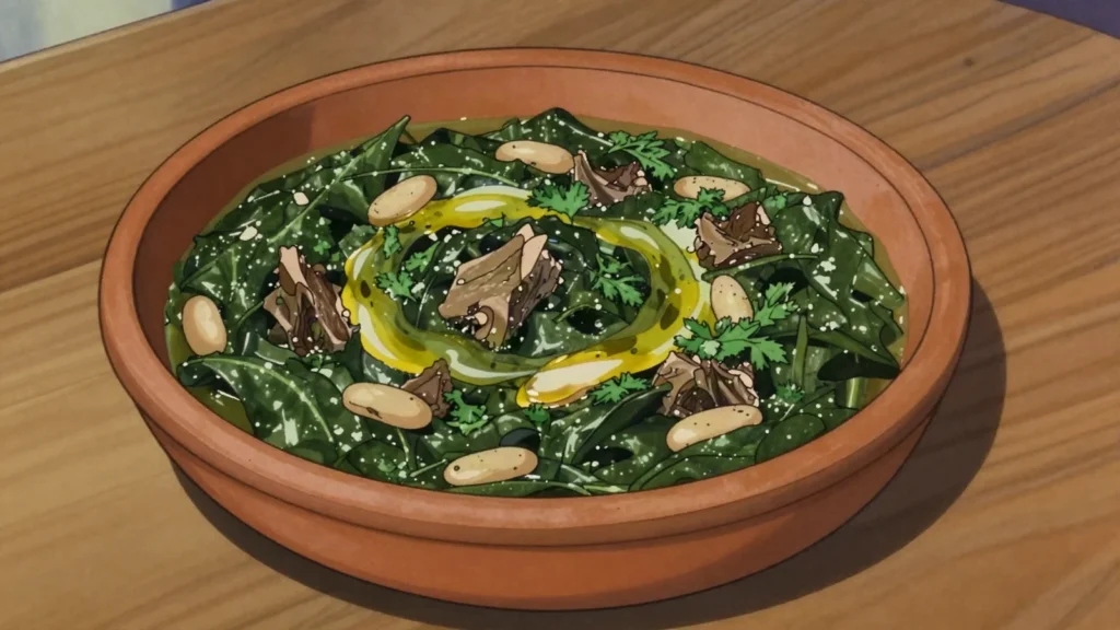 Madfouna, chard, white beans and meat stewed slowly with cumin and coriander, Tunisia main, anime style