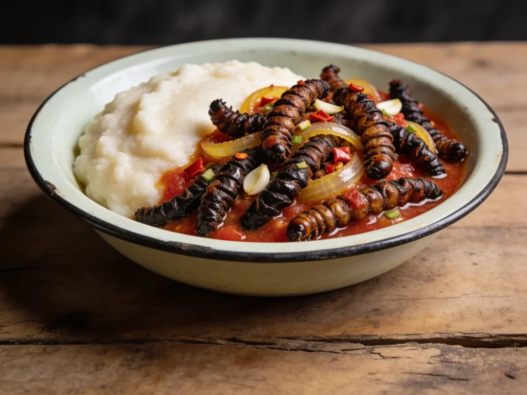 Madora, dried mopane worms fried with tomato and chili, Zimbabwe snack, anime style