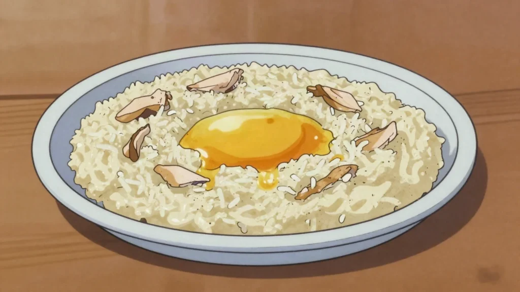 Madrooba, salt-fish or chicken beaten into spiced rice porridge, United Arab Emirates main, anime style