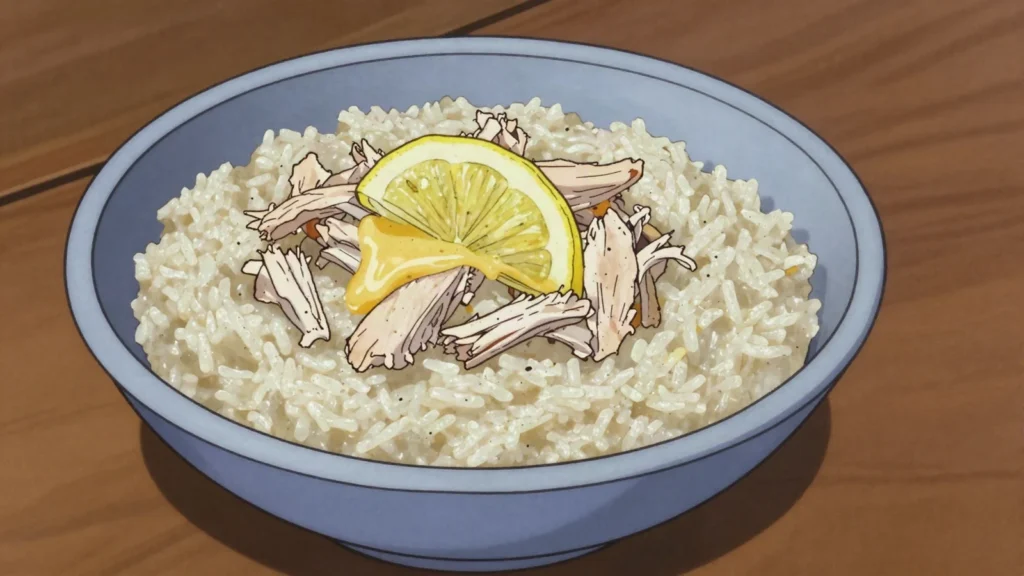 Madrouba, rice beaten with chicken and spices into rich savory mash, Oman main, anime style