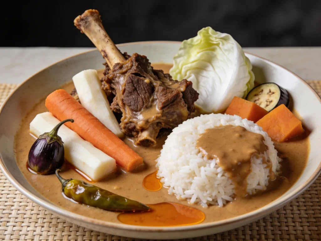 Mafé, peanut-butter stew of meat and vegetables served over rice, Senegal soup & stew, anime style