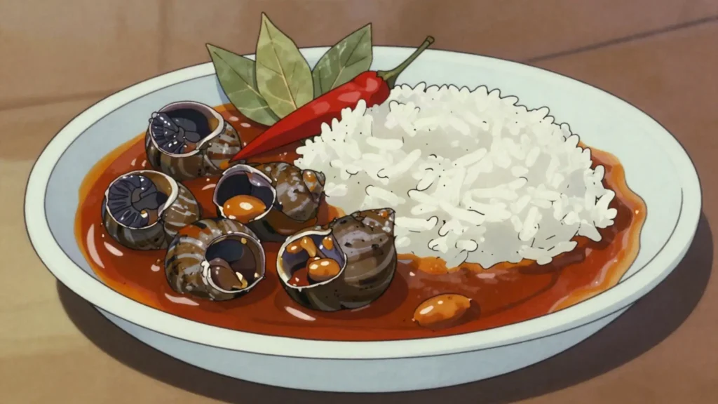 Mafe de caracol, mangrove snails simmered in peanut sauce with bay leaf and pepper, Guinea-Bissau soup & stew, anime style