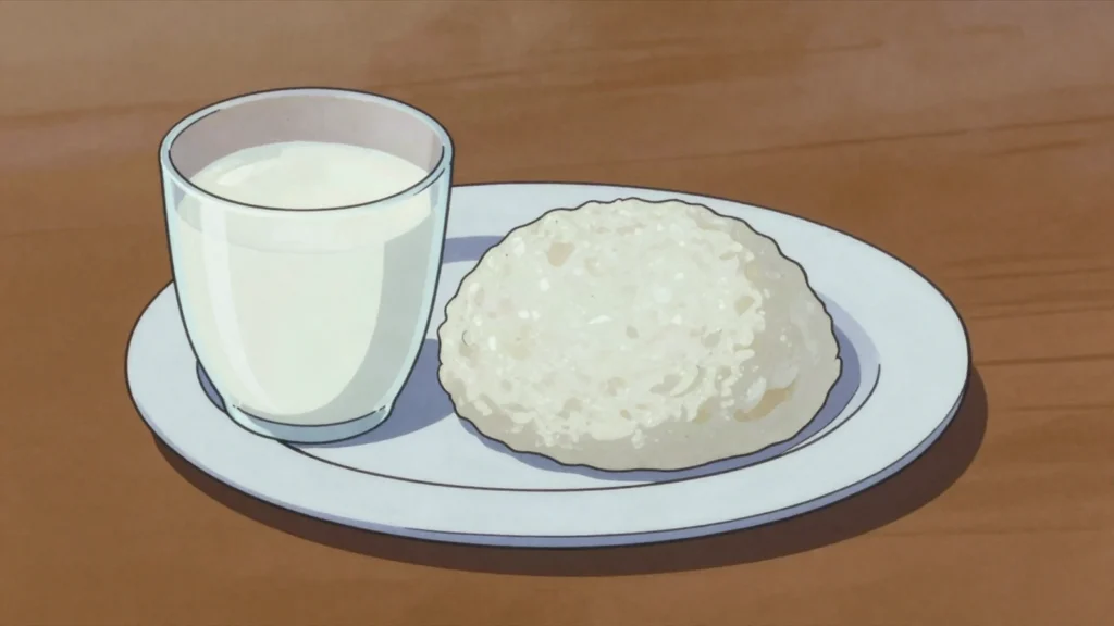 Mafi, thick soured milk poured over papa or drunk cold from a cup, Lesotho cheese & dairy, anime style