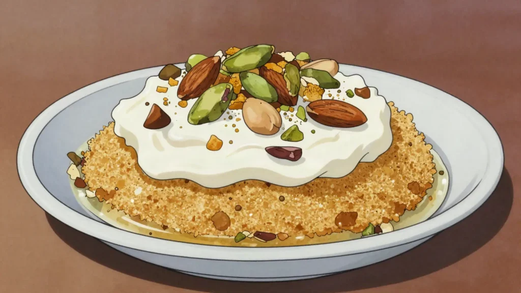 Mafrouke, crumbled semolina dough in syrup, buried under ashta and toasted nuts, Lebanon dessert, anime style