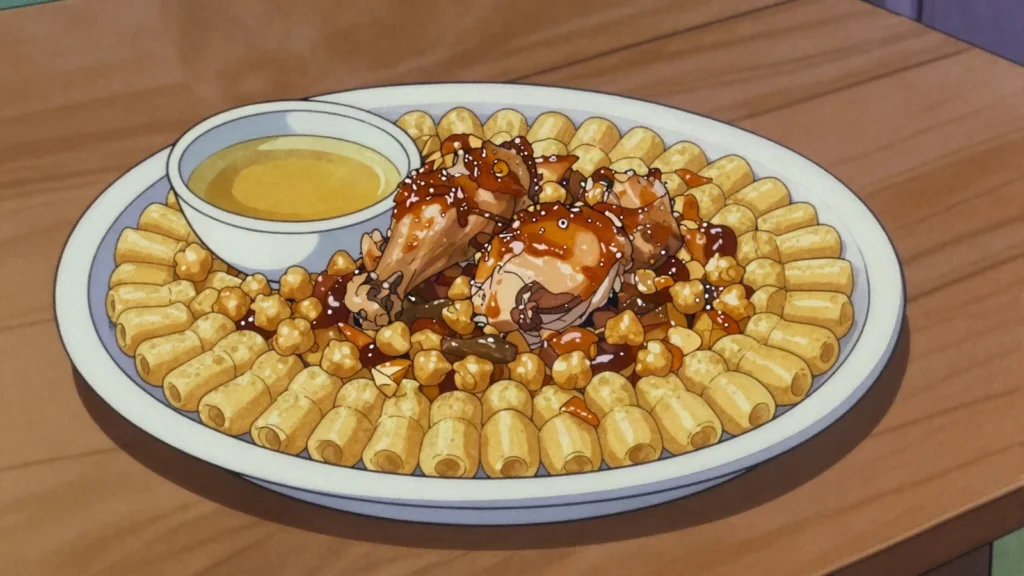 Maftoul, hand-rolled couscous pearls steamed with chicken and chickpeas, Palestine main, anime style
