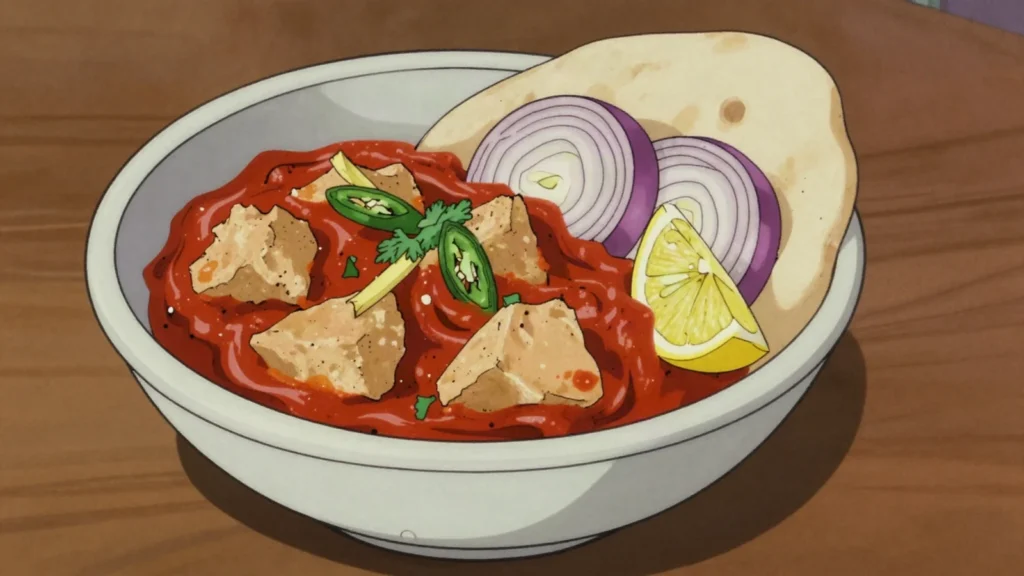 Maghaz Masala, goat or lamb brain fried with tomato, ginger and green chilli until creamy, Pakistan main, anime style