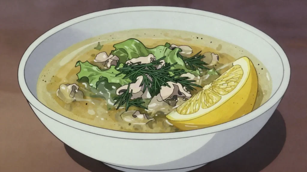 Magiritsa, lamb offal and lettuce soup thickened with egg and lemon, Greece soup & stew, anime style