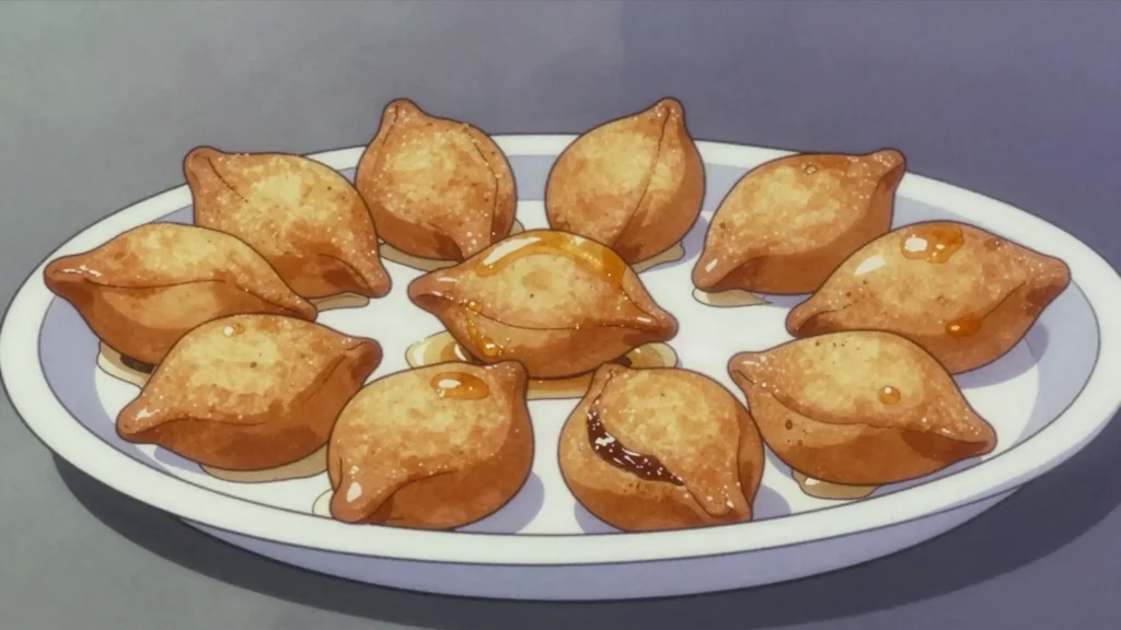 Magrood, fried semolina and date pastries soaked in honey, Libya dessert, anime style