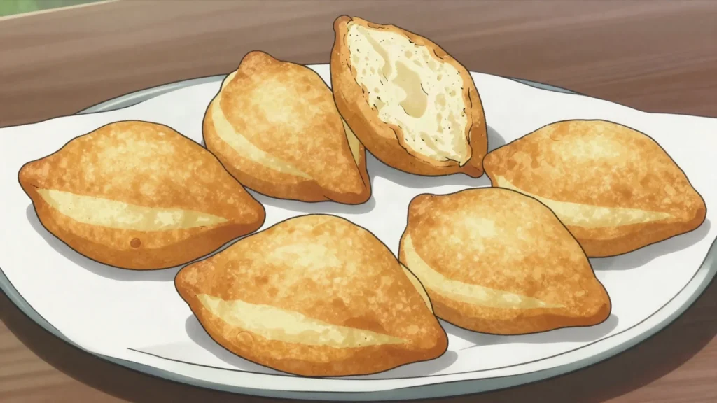 Mahamri, triangular coconut and cardamom doughnuts, puffy and lightly sweet, Kenya snack, anime style