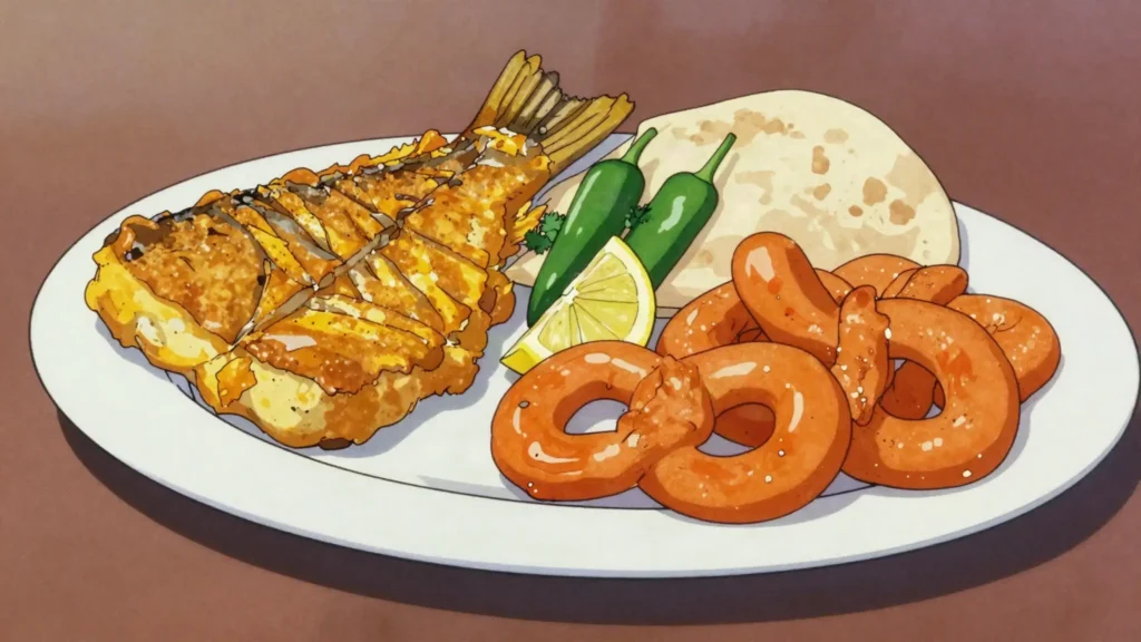 Mahi wa Jelabi, fried river fish eaten with syrup-soaked jalebi, a Kabul winter Friday, Afghanistan street food, anime style