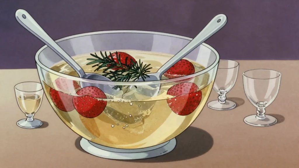 Maibowle, white wine punch infused with woodruff and lifted with sparkling wine, Germany cocktail, anime style