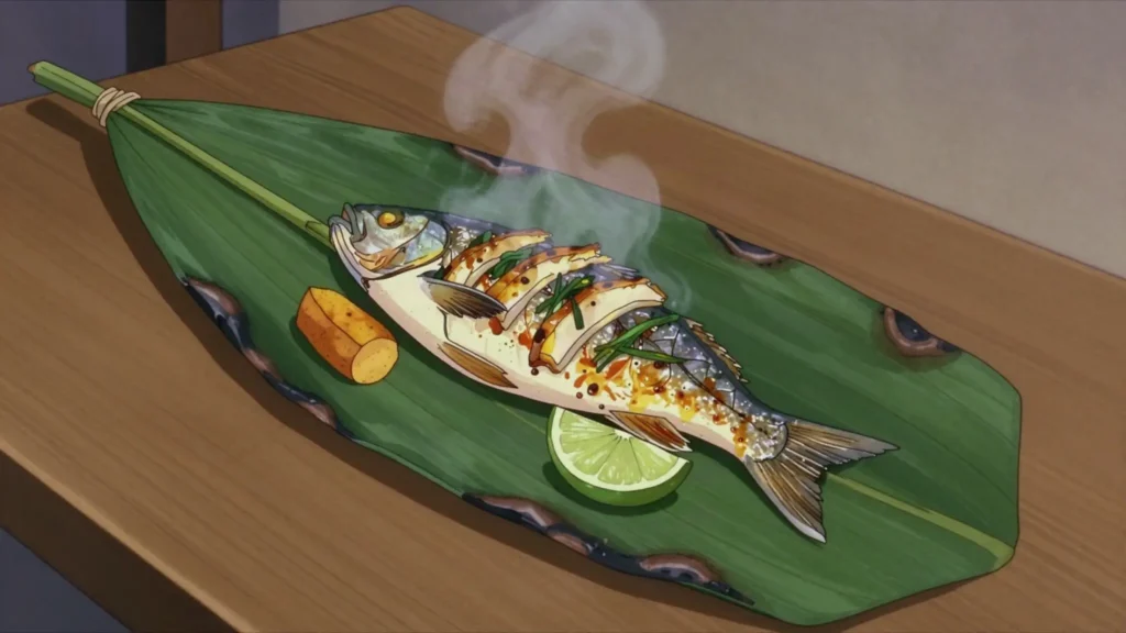 Maito, river fish or grubs wrapped in bijao leaves and grilled over embers, Ecuador main, anime style