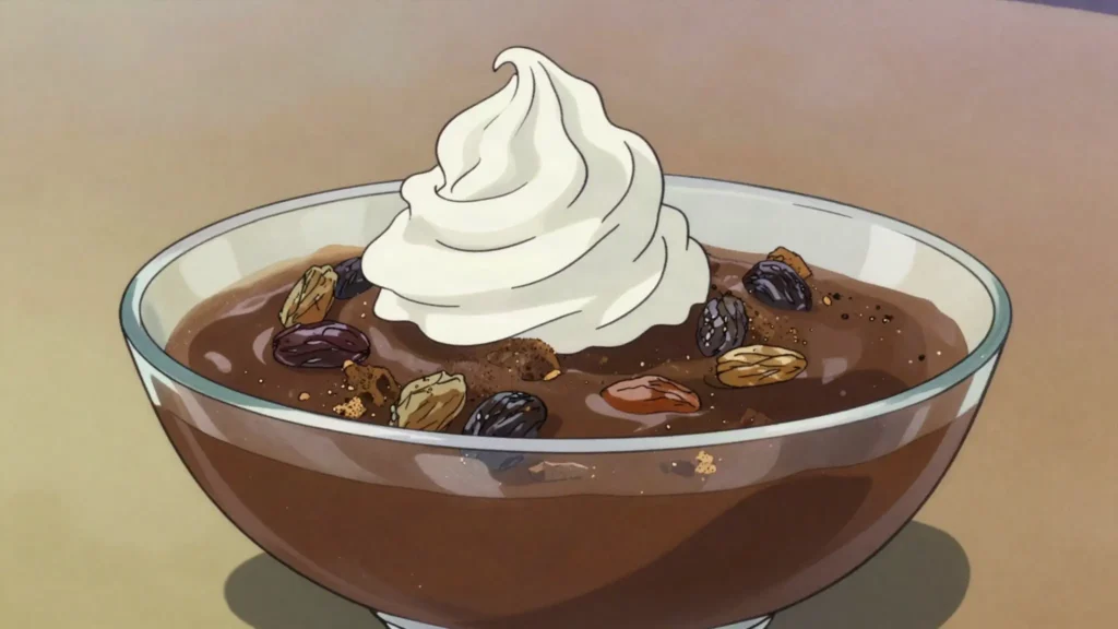 Maizes zupa, sweet rye-bread soup with dried fruits, whipped cream, Latvia dessert, anime style