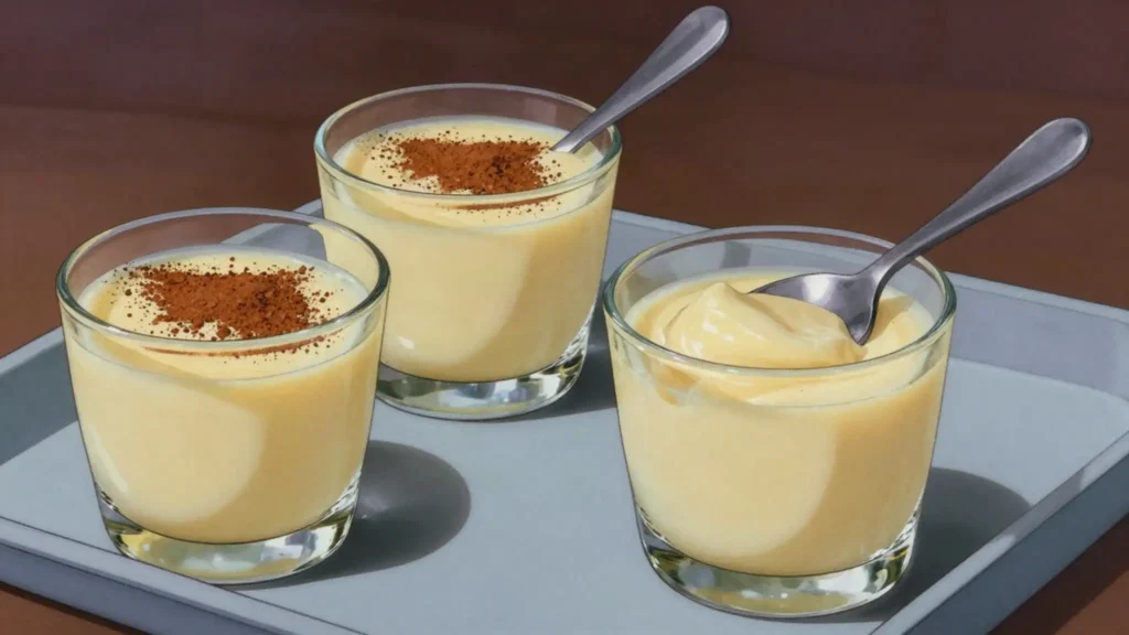Majarete, silky corn pudding with coconut milk and cinnamon, served cold, Dominican Republic dessert, anime style