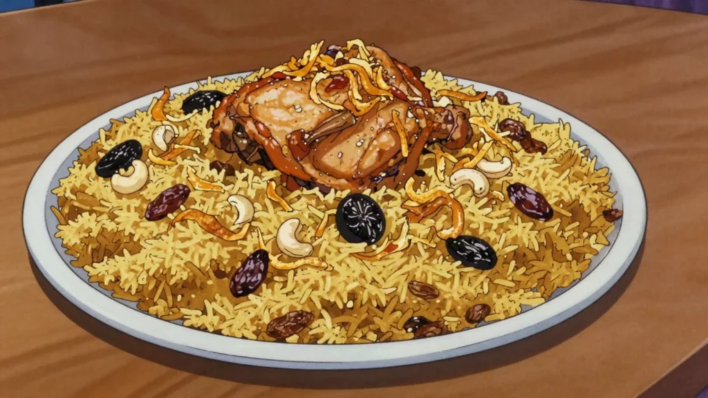 Majboos, spiced rice with chicken, lamb or fish and dried lime, Oman main, anime style
