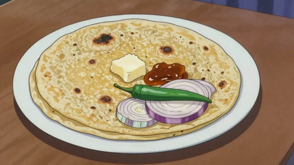 Makai ki Roti, coarse maize flatbread patted by hand, cooked on a griddle with butter, Pakistan bread & pastry, anime style