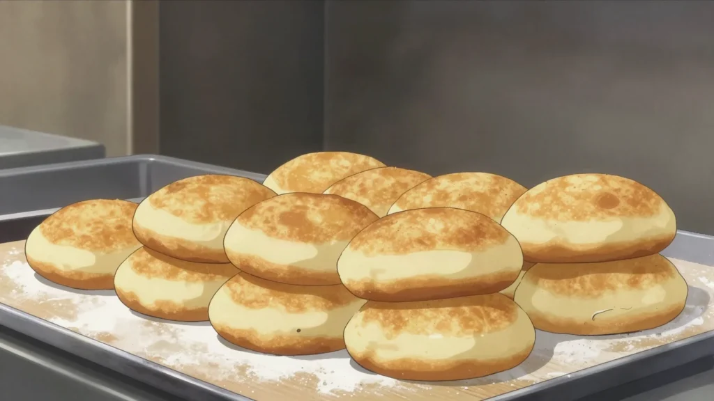 Makara, fried leavened dough rounds sold at markets, Central African Republic bread & pastry, anime style