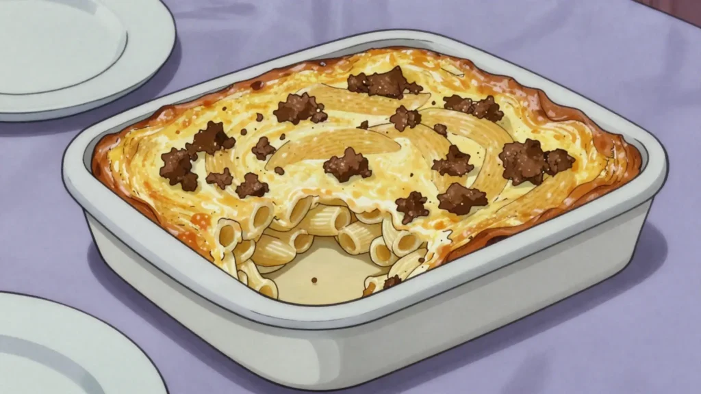 Makaronilaatikko, homey macaroni-beef casserole bound with egg milk, Finland main, anime style