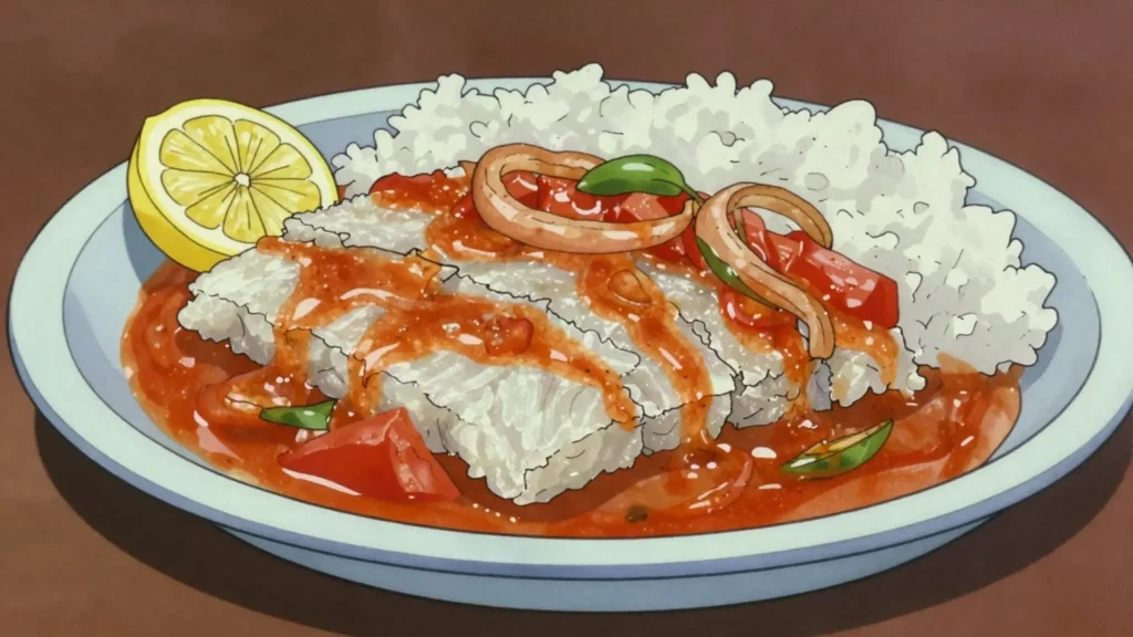 Makayabu, salted cod fried or stewed with peppers and onion, DR Congo main, anime style