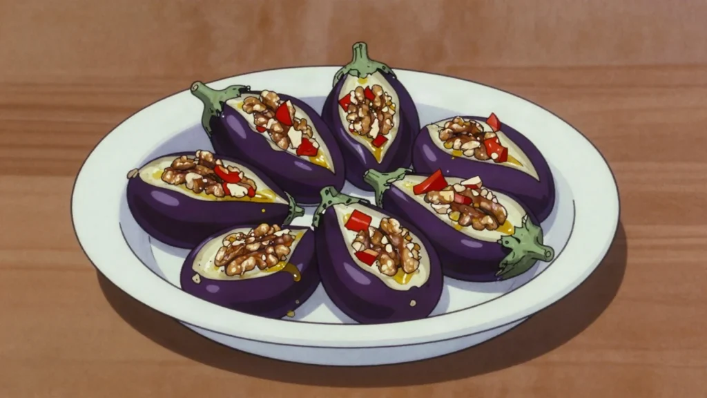 Makdous, small aubergines stuffed with walnut and red pepper, preserved in olive, Lebanon fermented & pickled, anime style