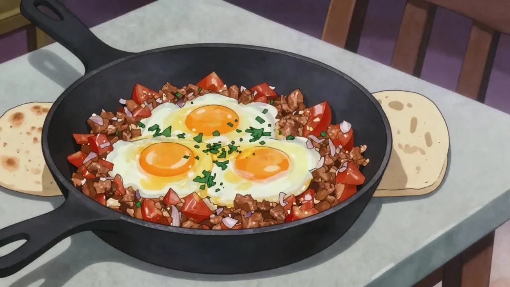 Makhlama, eggs broken over minced lamb, tomato and onion in a hot pan, Iraq breakfast, anime style