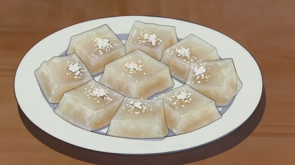 Makmok, arrowroot starch washed from the root, cooked into a stiff sweet pudding, Marshall Islands salad & side, anime style