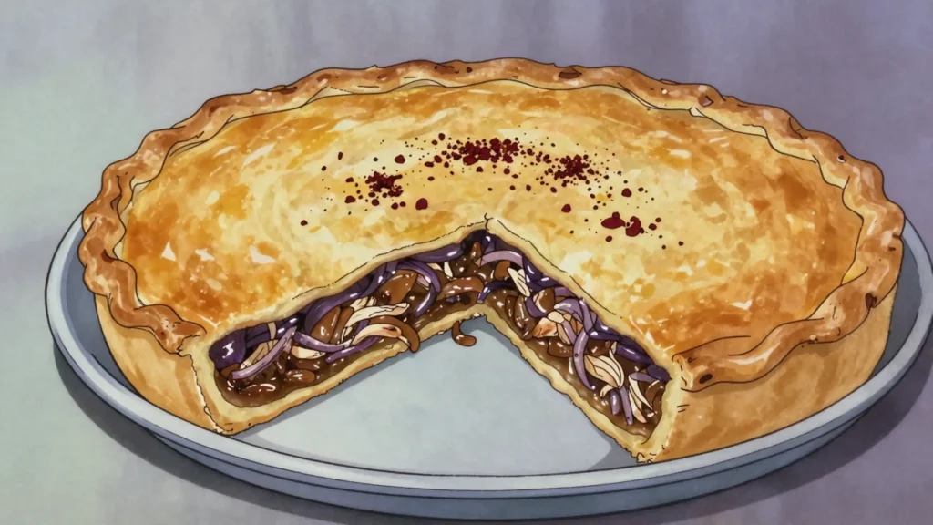 Makmoura, layered dough pie packed with onions, sumac and chicken, from Ajloun, Jordan main, anime style