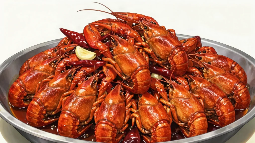 Mala Crayfish, crayfish stir-fried with chili, garlic and beer, eaten by the bucket with, China street food, anime style
