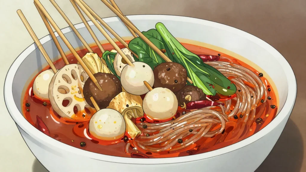 Malatang, skewers and vegetables cooked to order in numbing chilli broth, China street food, anime style