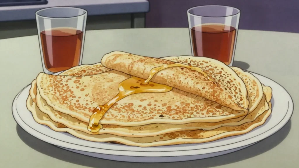 Malawax, sweet thin pancake of flour, egg and sugar, eaten with tea, Djibouti breakfast, anime style
