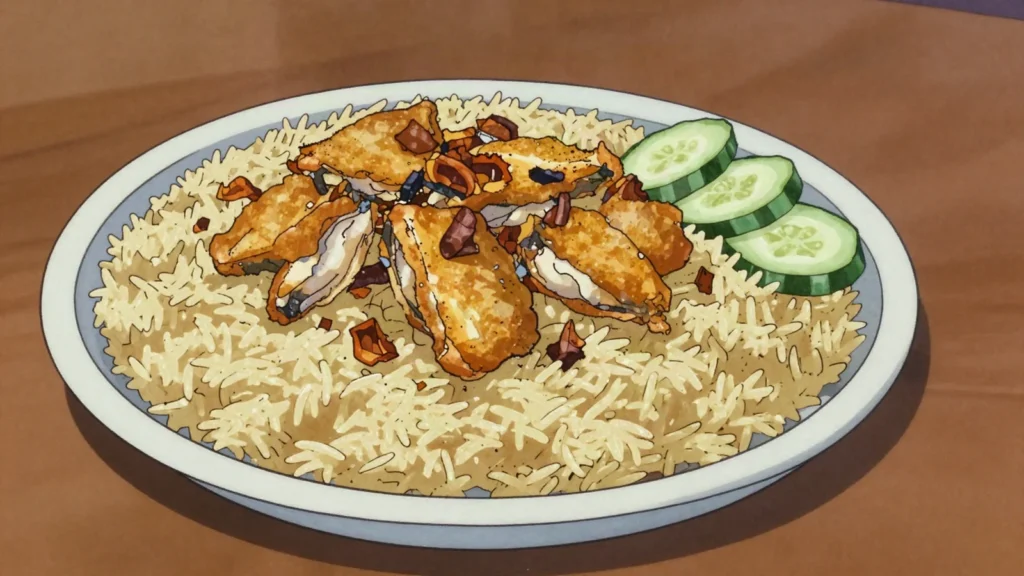 Maleh, salted fish packed in brine, cooked with rice or eaten with bread, Bahrain charcuterie & cured, anime style