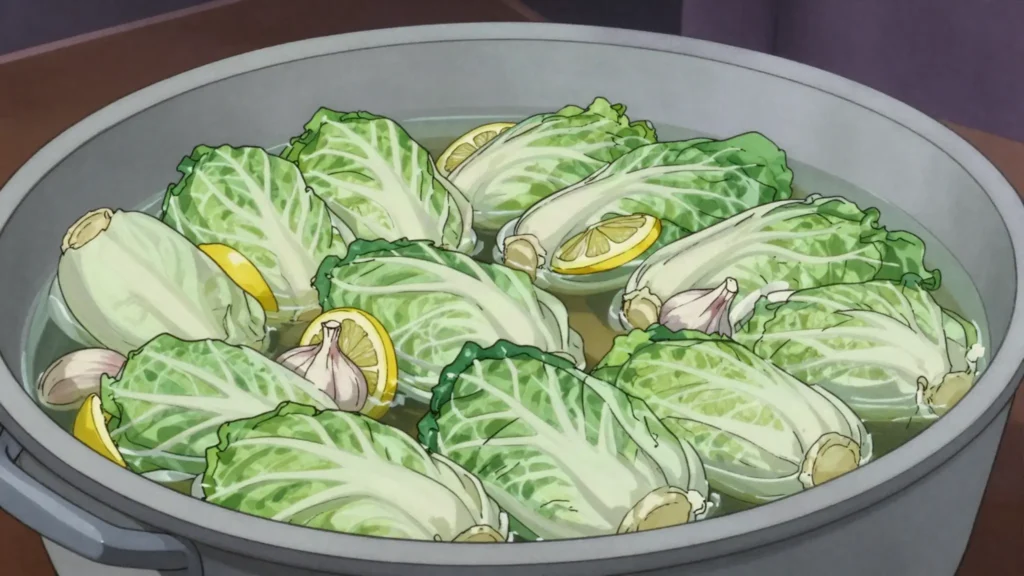 Malfouf, cabbage leaves rolled thin around rice and meat, cooked with garlic and lemon, Jordan main, anime style