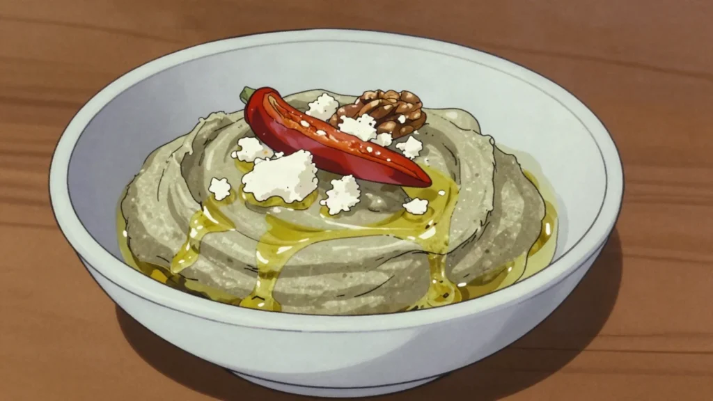 Malidzano, aubergine and walnut spread with garlic and white cheese, North Macedonia sauce & condiment, anime style