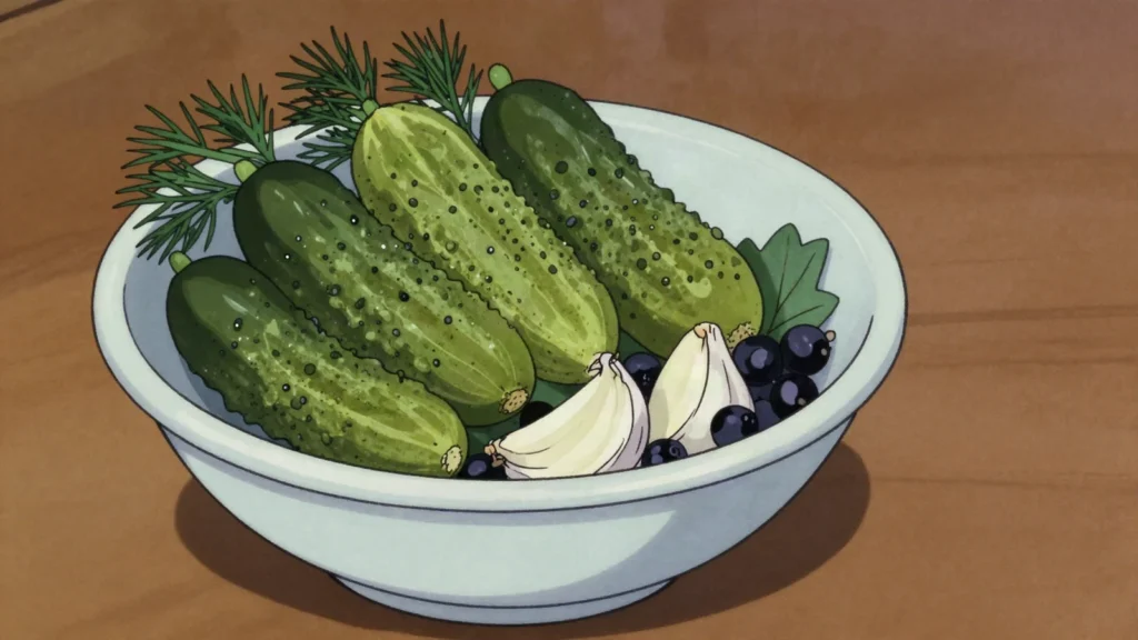 Malosolnye ogurtsy, lightly salted cucumbers, crisp and green after days in brine, Russia fermented & pickled, anime style