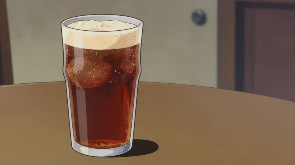 Malt og appelsín, sweet malt extract drink mixed with orange soda at Christmas, Iceland drink, anime style