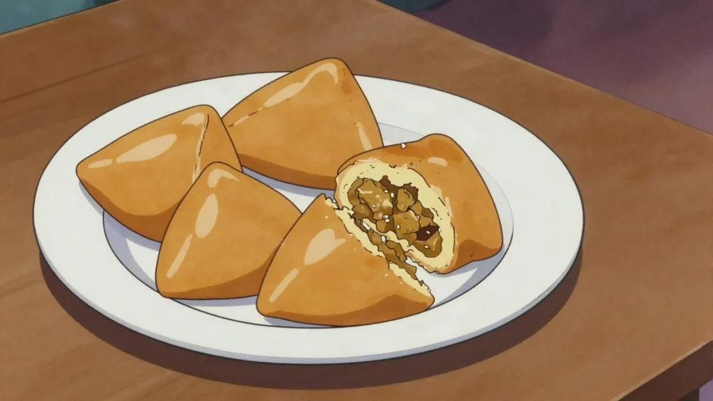 Malu Paan, soft bun stuffed with spiced fish and potato, sold from tuk-tuk bakeries, Sri Lanka street food, anime style