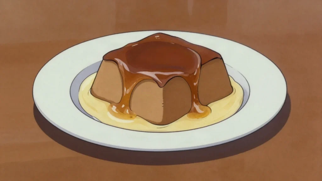 Malva pudding, sticky apricot sponge drenched in warm cream sauce, South Africa dessert, anime style