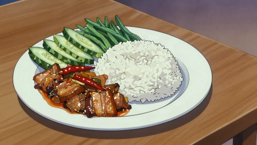 Mam, fish or beef fermented with rice and salt until sour, then fried with pork, Cambodia fermented & pickled, anime style