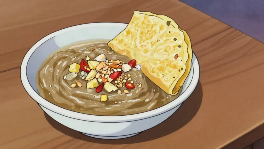 Mam Nem, pungent fermented anchovy sauce thinned with pineapple, garlic and chilli, Vietnam sauce & condiment, anime style