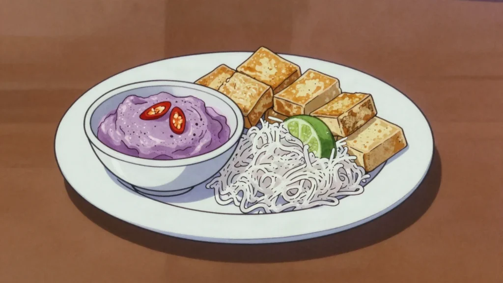 Mam Tom, purple fermented shrimp paste, whipped with lime and chilli until it foams, Vietnam sauce & condiment, anime style