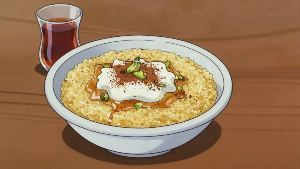 Mamounia, warm semolina cooked in butter and syrup, topped with cheese and cinnamon, Syria breakfast, anime style