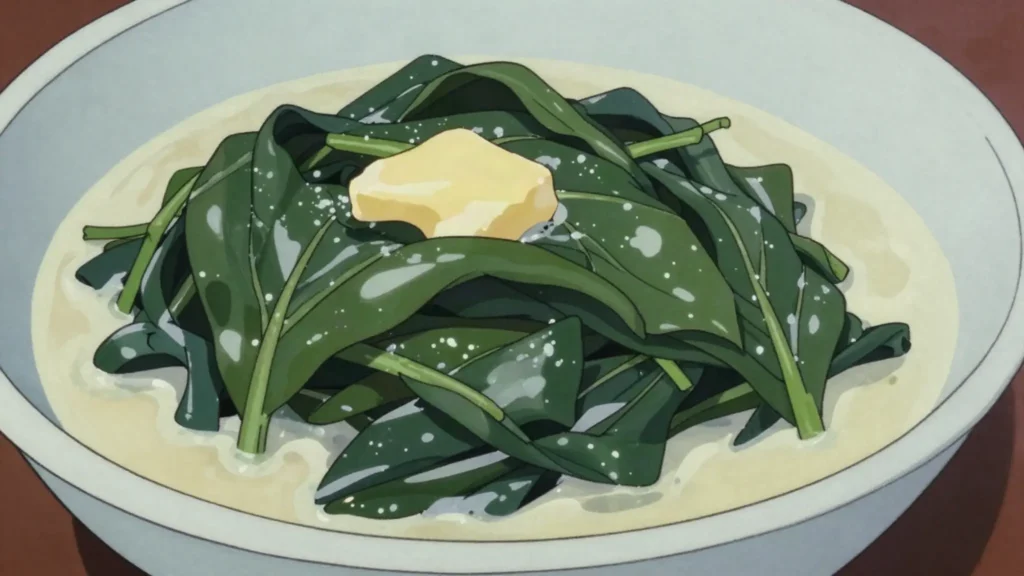 Managu, slightly bitter African nightshade leaves stewed with cream or milk, Kenya salad & side, anime style