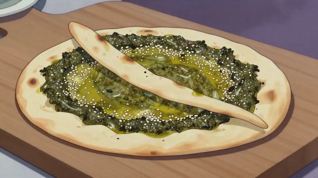 Manakish, breakfast flatbread smeared with za'atar-oil or cheese, folded hot, Lebanon bread & pastry, anime style