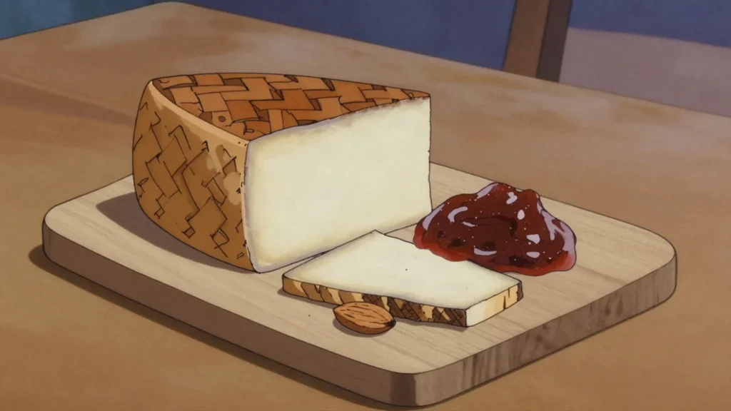 Manchego, firm sheep cheese from La Mancha with a woven, herringbone rind, Spain cheese & dairy, anime style