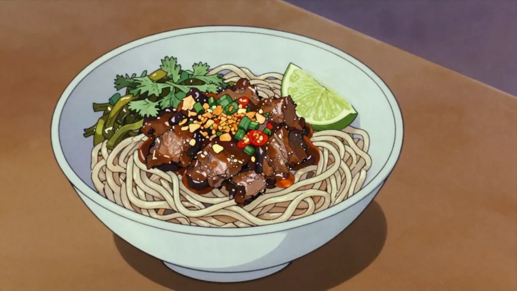 Mandalay Mee Shay, rice noodles with braised pork, fermented bean sauce and pickled greens, Myanmar main, anime style
