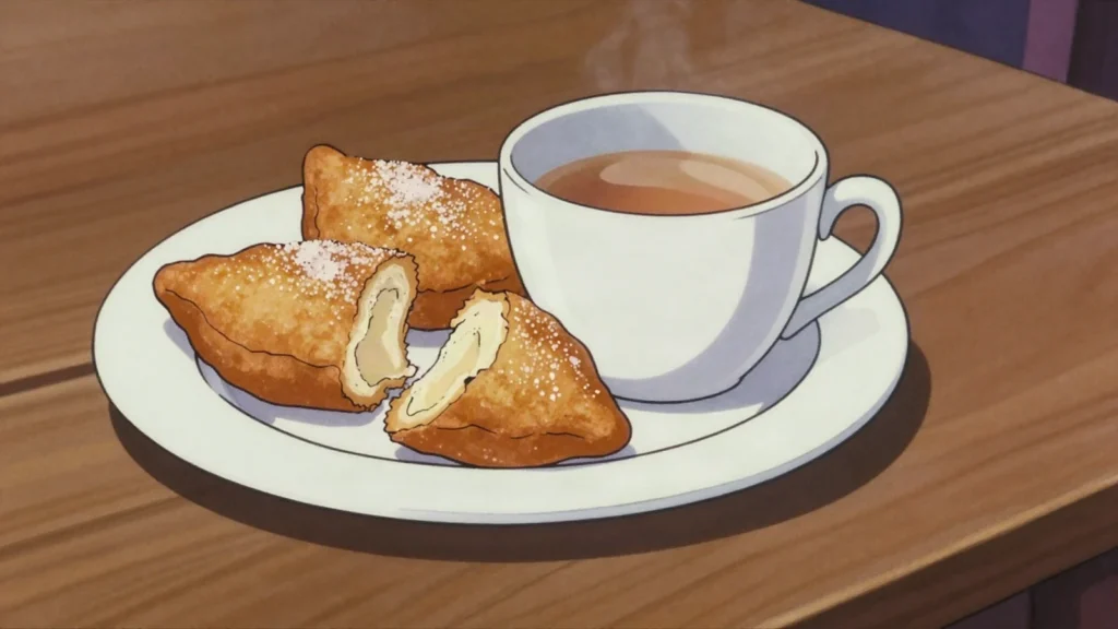 Mandasi, fried dough puffs sold at markets with tea, Malawi snack, anime style